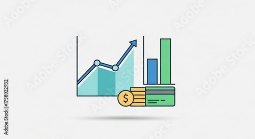Illustration of a rising graph, bars, coins, and credit card