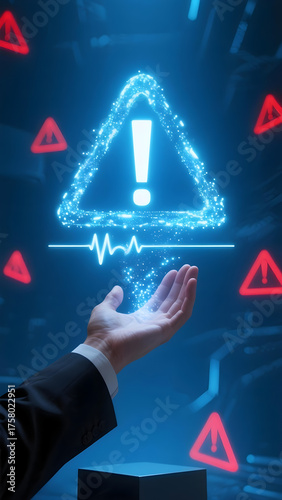 A digital warning sign alert icon cyber risk security concept data protection glowing triangle exclamation mark hologram display business hand neon light energy pulses with urgency, guiding caution