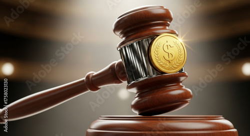 Gavel and coin with dollar sign for auction, law, and financial concepts