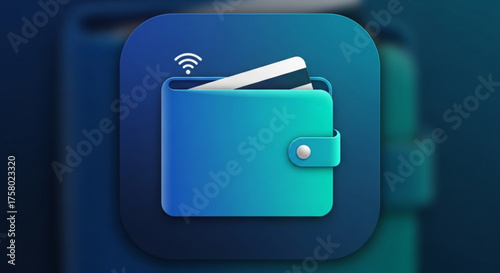 A digital wallet icon with a credit card and wireless symbol on a blue background