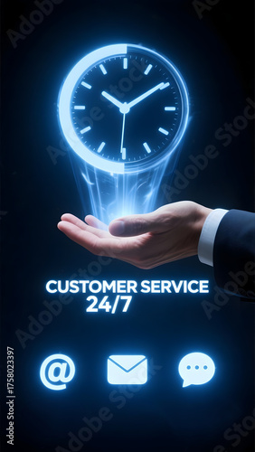 A customer service 24/7 support hotline communication contact icon clock glow hand technology assistance helpline message email chat phone service client help response schedule time business