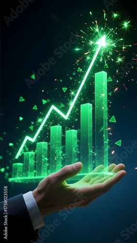 A growth chart green arrow bar graph data analytics financial success business growth neon glow upward trend spark effect hand support dynamic green bar graph with glowing arrow rises upward
