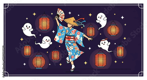 A woman in a traditional Japanese kimono dances with cute ghosts and paper lanterns during the Obon festival.