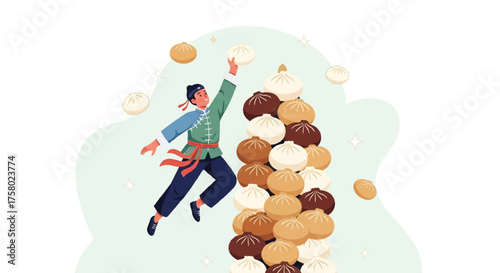Vector illustration of a man in traditional Asian clothing joyfully reaching for a steamed bun from a towering pile.