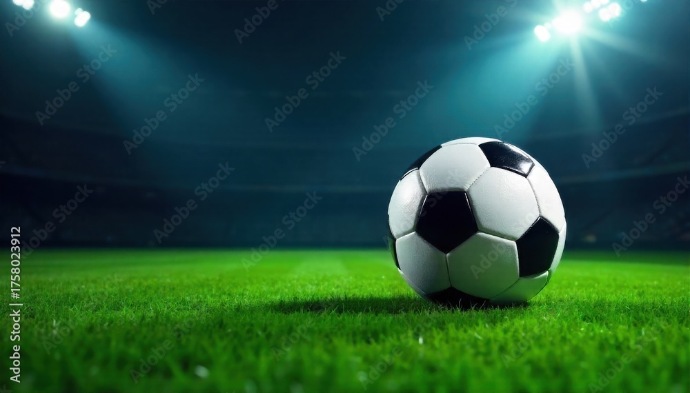 Fototapeta premium Majestic Soccerball in Stadium Spotlight A single, perfectly formed soccerball resting on lush green stadium grass. A powerful, focused spotlight shines directly onto the ball, creating dramatic