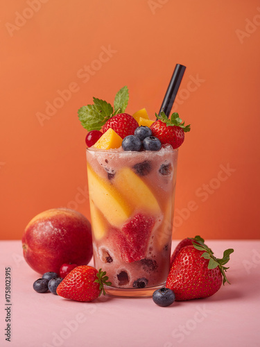 Vibrant and Refreshing Mixed Fruit Smoothie with Fresh Strawberry, Blueberry, and Peach. Healthy Summer Drink on a Colorful Pink and Orange Background.