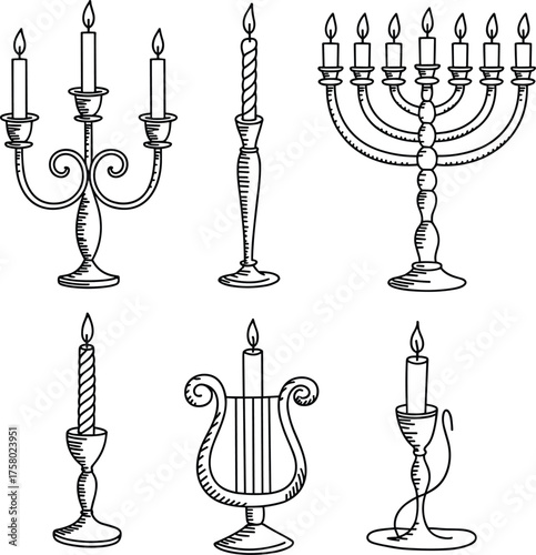 silhouette Candle holder  set, candelabra vector, menorah style, ornate design, festive decor, spiritual theme