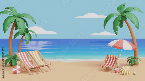 Tropical paradise island beach landscape with palm trees, sand, sea, and ocean water for summer travel, holiday, and vacation relaxation illustration. Cartoon illustration of a beach. 