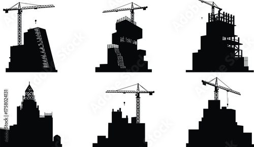Construction site silhouettes, building under construction, crane and worker vector