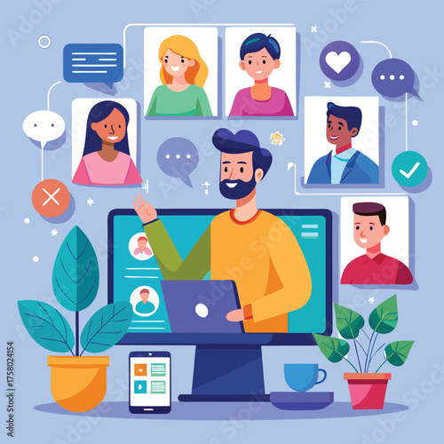 hybrid remote team collaborating via online video .eps