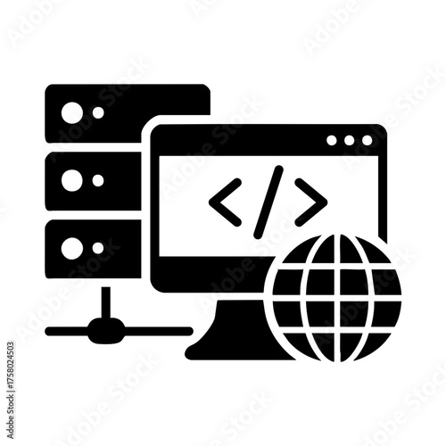 Web hosting icon with server, screen, and globe