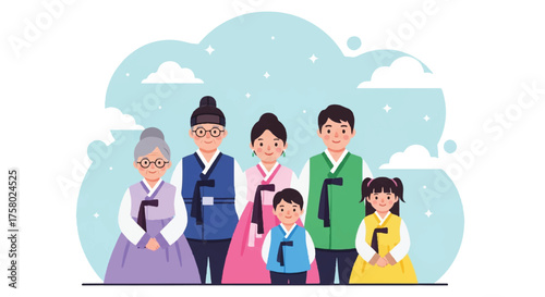 A happy multi-generational Korean family with grandparents, parents, and children wearing traditional hanbok.