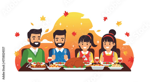A happy family of four enjoying a festive Thanksgiving dinner together at a table with a roasted turkey.