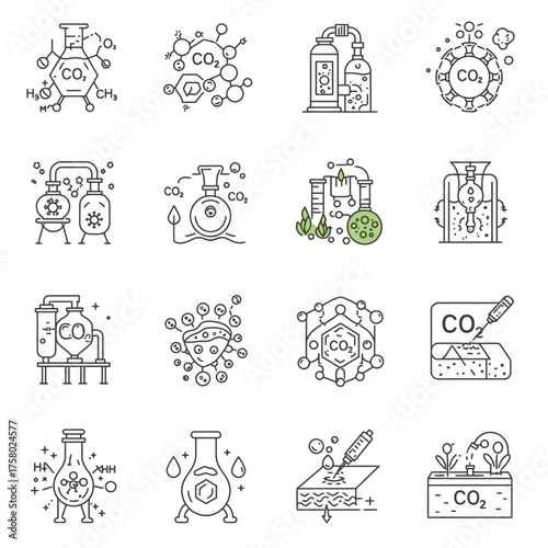 A detailed set of line art icons illustrates various scientific and environmental concepts, including carbon dioxide capture, chemical structures, and sustainable technology.