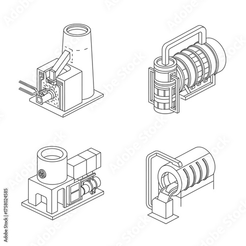 A comprehensive set of four isometric line art illustrations expertly depicts various heavy industrial manufacturing processes, showcasing essential metallurgical equipment.