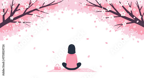 A woman sits peacefully on a blanket under a beautiful arch of blooming pink cherry blossom trees.