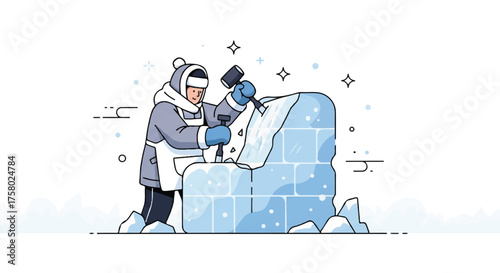 An artist in a warm parka carves a large block of ice with a hammer and chisel.
