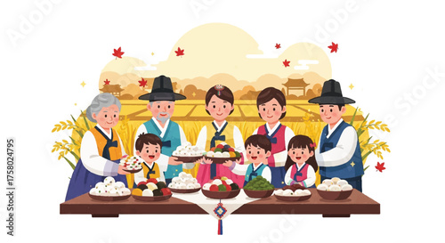A happy multi-generational Korean family in traditional hanbok celebrating the Chuseok harvest festival together.