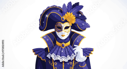 Elegant figure in a lavish purple masquerade costume with a feathered tricorn hat and ornate mask.