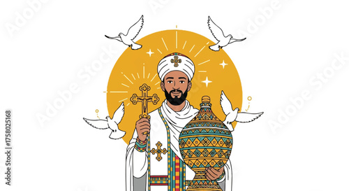 An illustrated portrait of a saintly Ethiopian priest holding a cross and a vessel, surrounded by white doves and a golden halo.