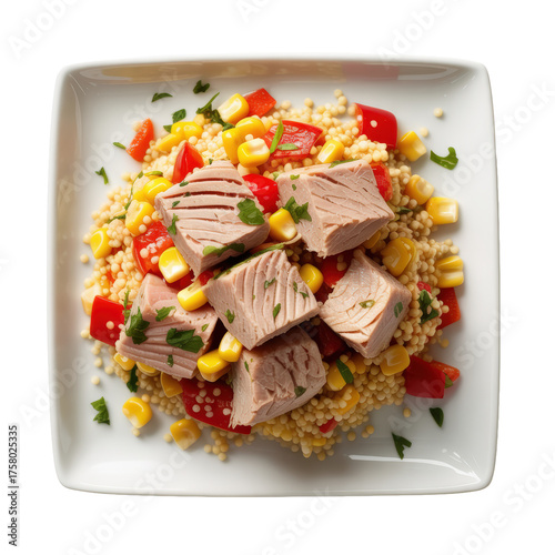 Colorful Couscous Salad with Tuna Cubes on Plate