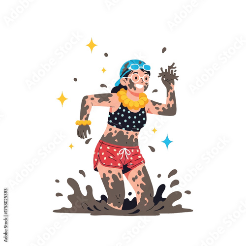 Cheerful cartoon woman covered in mud, joyfully participating in an outdoor mud run or race.