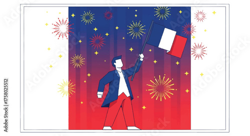 Illustration of a man celebrating a French national holiday, waving the tricolor flag under a sky of fireworks.