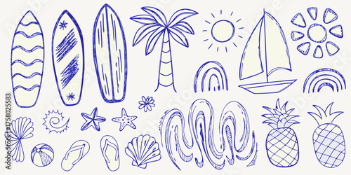 Collection of hand drawn blue summer vacation icons including surfboards palm trees sun sailboat and pineapples
