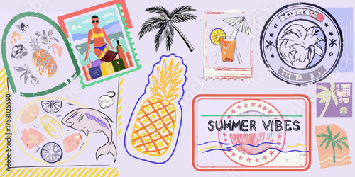 Collection of colorful summer vacation themed illustrations and stamps with tropical fruits and beach scenes