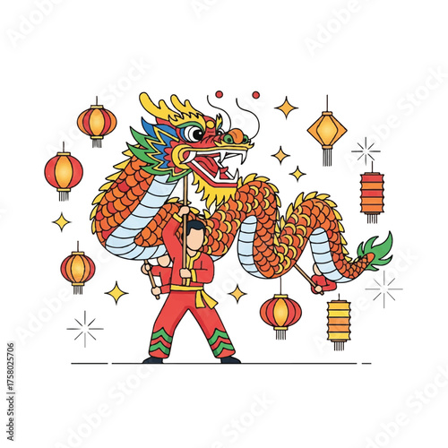 A vibrant illustration of a traditional Chinese dragon dance performance with festive lanterns.
