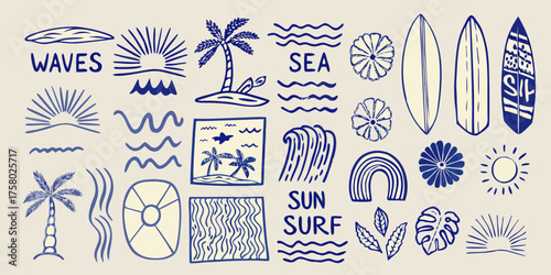Collection of hand drawn blue surf and beach elements on a light background
