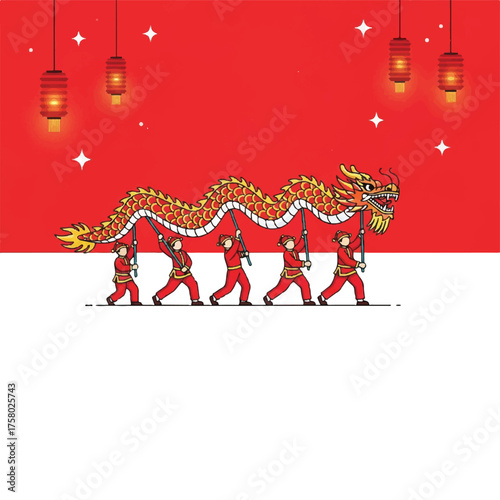 Illustration of a traditional Chinese dragon dance performance for Lunar New Year with hanging red lanterns.