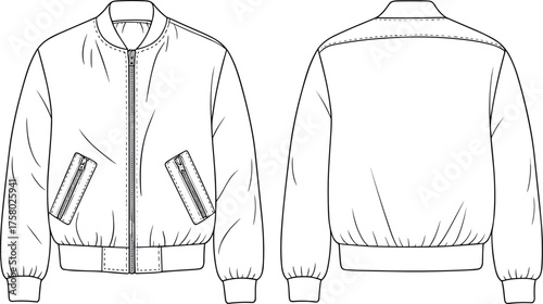 Bomber jacket CAD drawing flat vector illustration, detailed technical fashion sketch showing front and back view for clothing design template