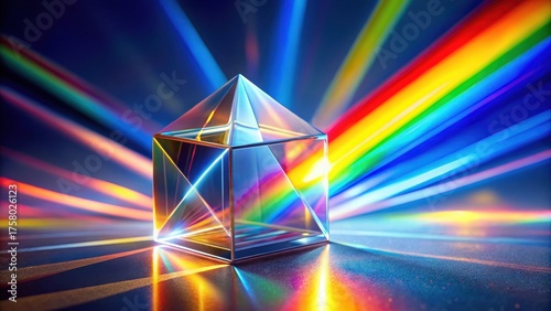 A multifaceted crystal prism refracts vibrant light rays, creating a spectrum of colors on a reflective surface