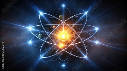Illuminated Atomic Structure A Glowing Core and Orbiting Particles Displaying Energetic Luminescence