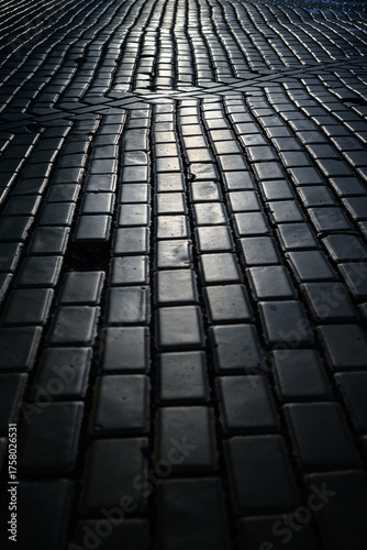 A long brick cobbled pathway with one brick missing - vertical