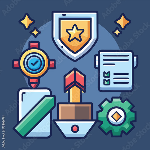 line style icons of gamification  xp badge  level .eps