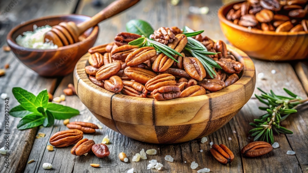 Fototapeta premium Roasted Pecans in Wooden Bowl with Herbs and Seasoning on Rustic Wooden Surface