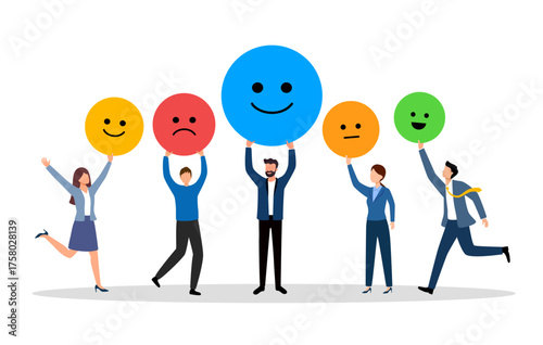 Employee satisfaction attitude survey feedback business in flat design vector illustration. Business people with various feedback emoticons. Working happiness wellbeing and satisfaction feedback