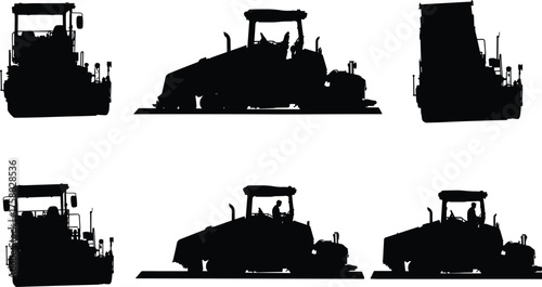 Construction vehicle silhouettes, asphalt paver icons, roadwork machinery vector set, black heavy equipment illustration, industrial transport tools for infrastructure projects