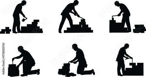  Construction worker bricklaying silhouette, vector illustration of masonry techniques, trowel use, kneeling and standing posture, building wall, construction site activity, stock art