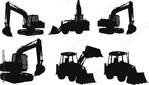  Construction vehicle silhouettes, excavator and loader icons, heavy machinery vector, backhoe equipment, industrial site tools, black illustration, stock content, earthmoving machines
