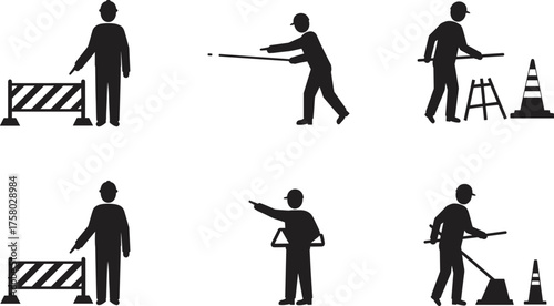  Construction worker silhouette icons, roadwork and maintenance vector set, safety equipment, traffic control, industrial labor, black pictograms on white background