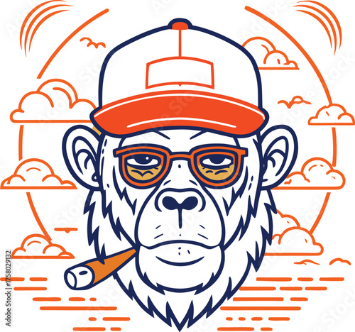 Cool monkey character wearing sunglasses and hat smoking a cigar with sunset sky background
