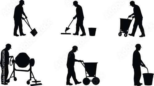  Construction worker silhouette set, manual labor poses, industrial tools, cement mixer, wheelbarrow, shovel, bucket, vector illustration for building site content