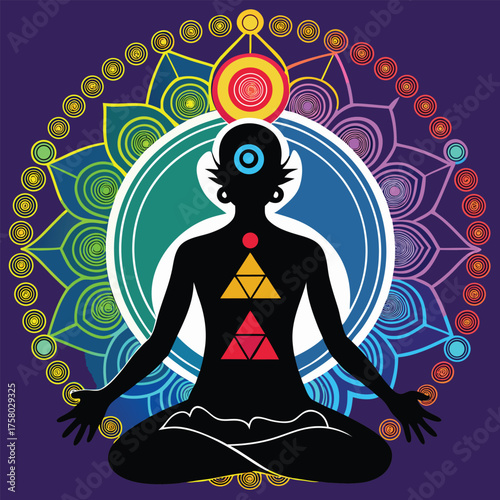 meditation pose silhouette with chakra symbols.eps