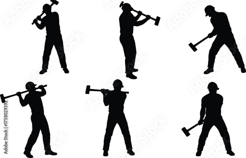  Construction worker silhouette with sledgehammer, industrial labor poses, safety helmet, manual tool action, vector illustration for building, demolition, repair, strength concept