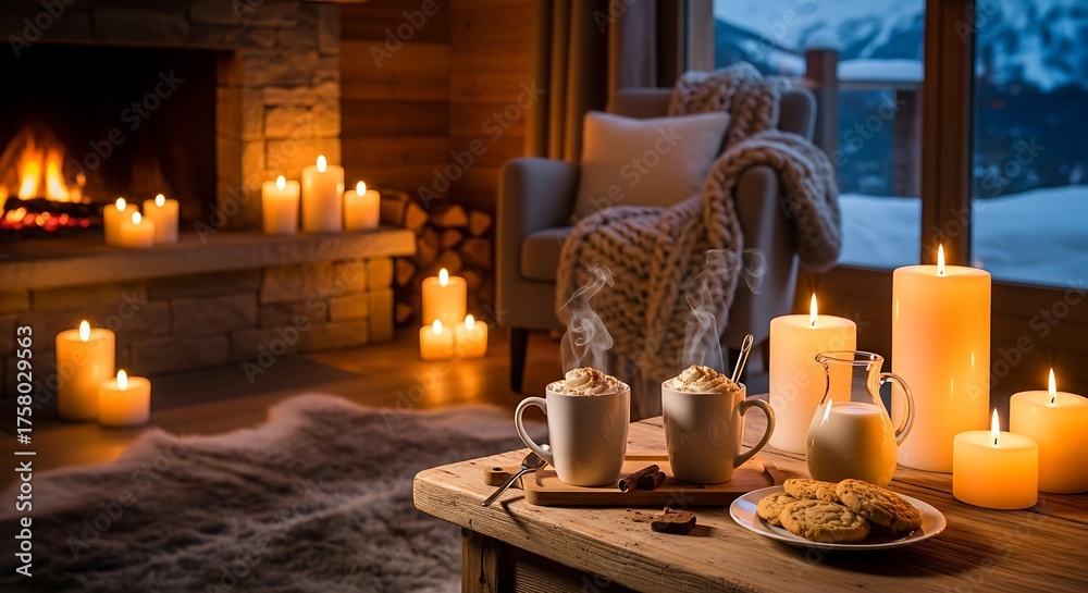 Fototapeta premium Cozy winter scene with a fireplace, candles, hot drinks, and cookies by a window overlooking a snowy landscape.