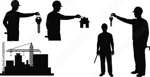  Construction worker silhouette, key handover concept, property management icon, crane and building scene, black vector figures, ownership transfer, real estate illustration