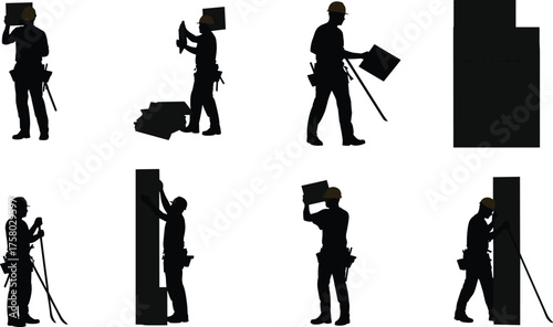 Construction worker silhouette, panel installation vector, hard hat labor, tool belt action, drywall work, industrial task, building process, black figure illustration